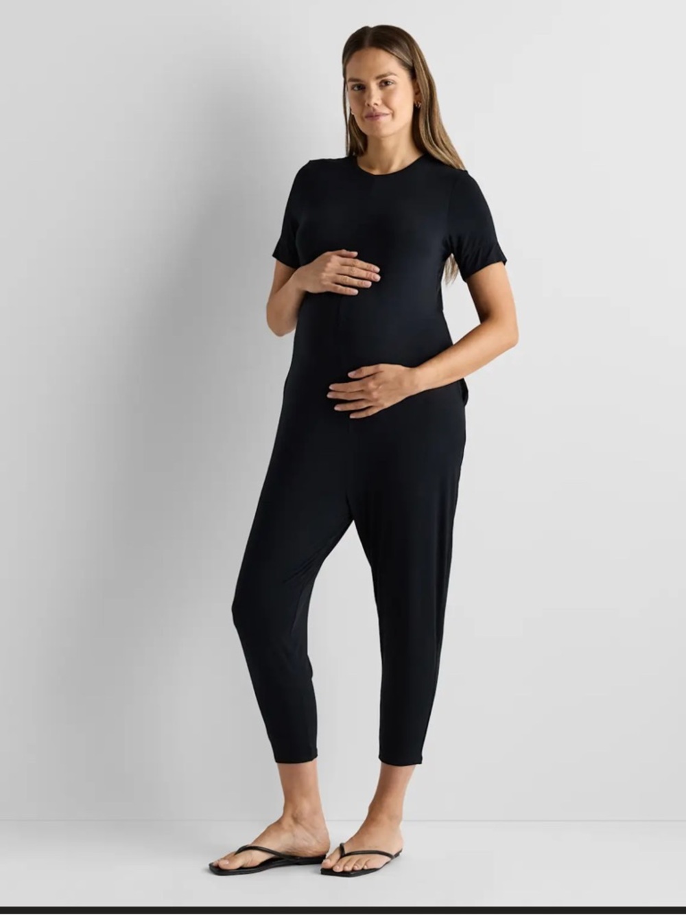 Quince Black Short-Sleeve Maternity Jumpsuit